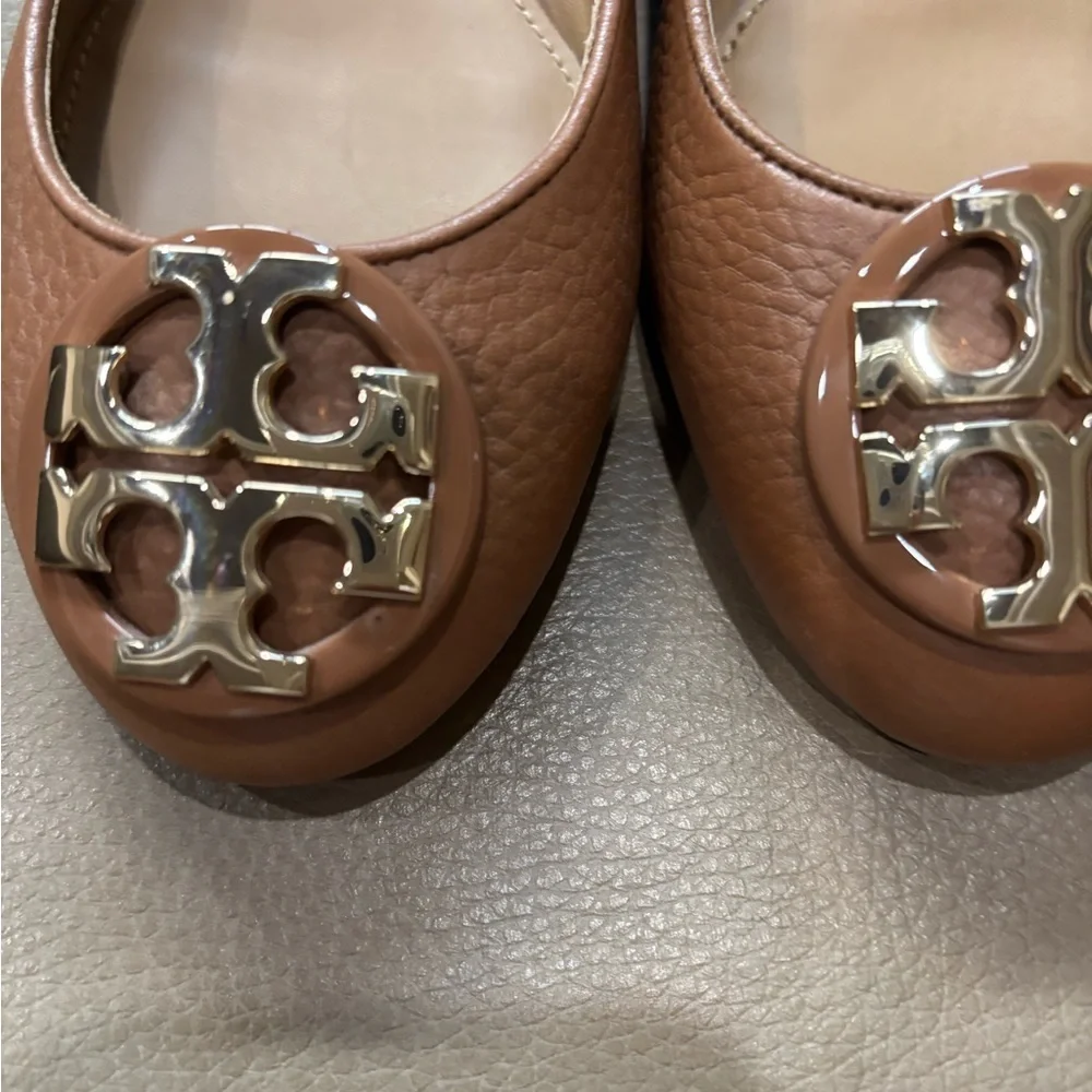 Tory Burch Tan Leather Flats with Gold Logo